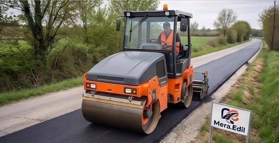 Rullo compattatore su una strada appena asfaltata